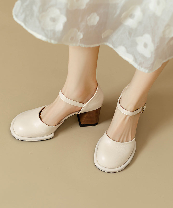 Beige Cowhide Leather Classy Splicing Chunky Heel Sandals