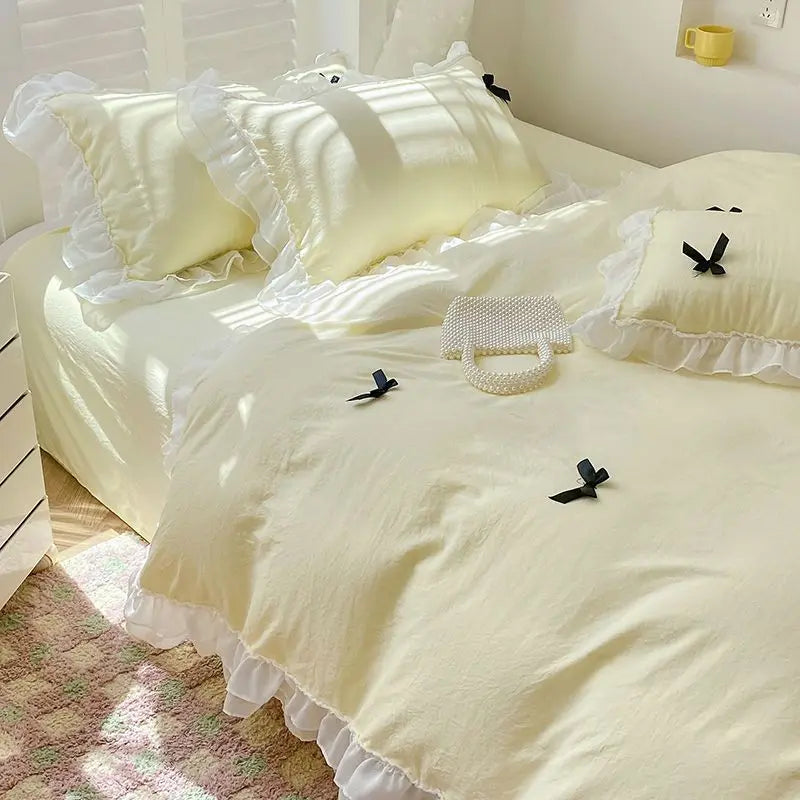 French Ins Princess Style Lace Four-piece Set Washed Cotton Embroidered Quilt Cover Set Bow Girly Heart Bed Sheet Three-piece