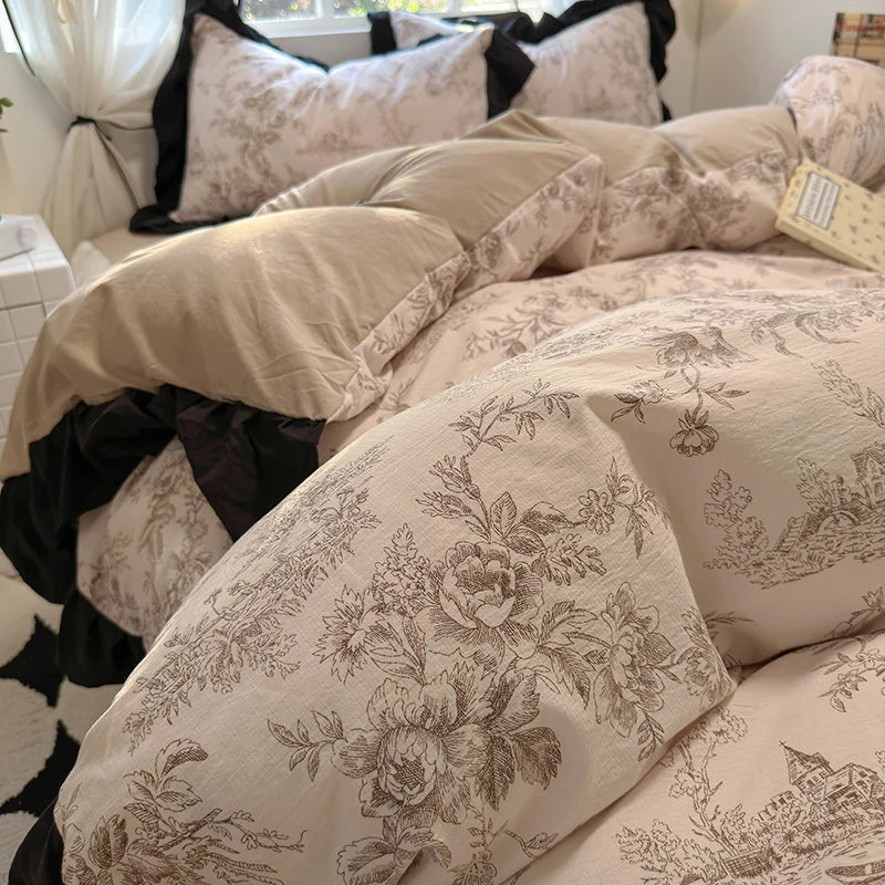 French Romantic Style Bedding Set Princess Skin Friendly And Comfortable Quilt Cover Lace Washed Cotton Printed Duvet Cover Set
