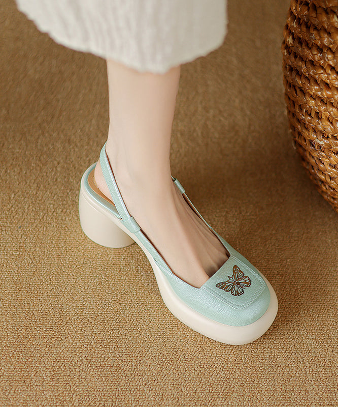 Mint Green Chunky Heel Sheepskin New Splicing Sandals