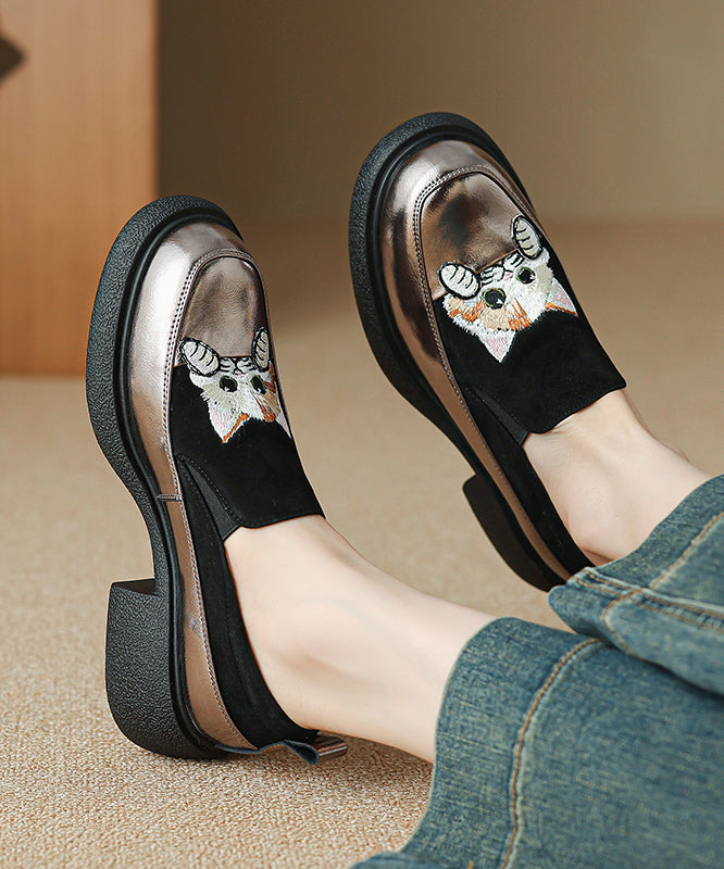 Brown Cats Embroidered Suede Splicing Chunky Loafer Shoes
