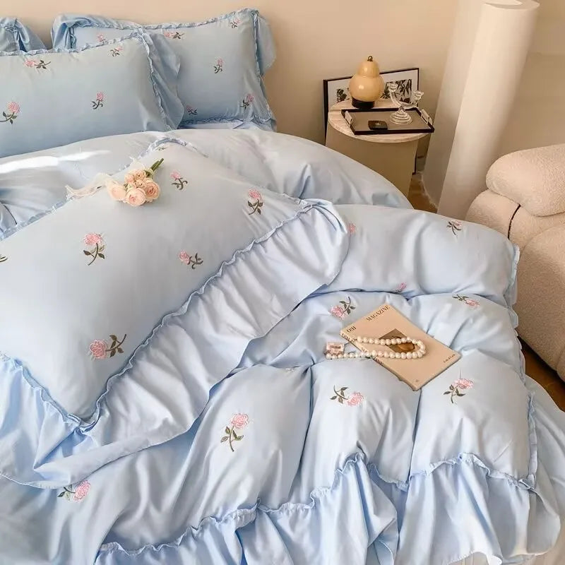 French Princess Style Bedding Sets Hepburn Style Bow Quilt Cover Romantic Bedclothes Decor Woman Girls Bedroom Duvet Cover 4pcs