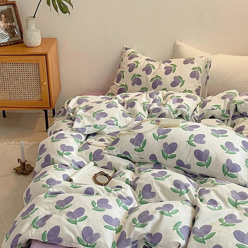 Duvet Cover Set for Boys and Girls, Cute Sweetheart, Flat Sheet, Pillowcase, Floral Bed Linen, Twin Queen Size, Home Bedding Kit