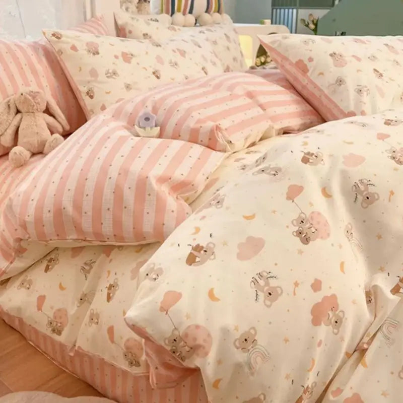 Duvet Cover Set for Boys and Girls, Cute Sweetheart, Flat Sheet, Pillowcase, Floral Bed Linen, Twin Queen Size, Home Bedding Kit