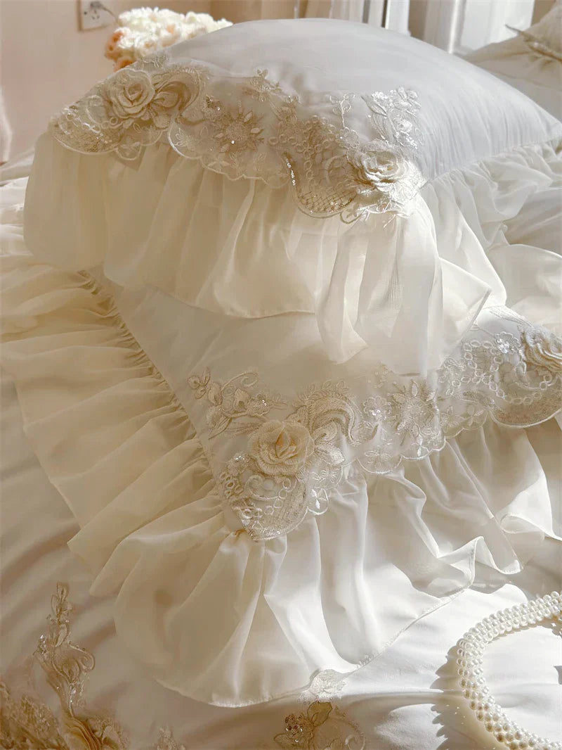 Egyptian Cotton Wedding Bedding Set, Romantic French Lace Ruffles, Flowers Embroidery, Duvet Cover, Bed Sheet, Pillowcases