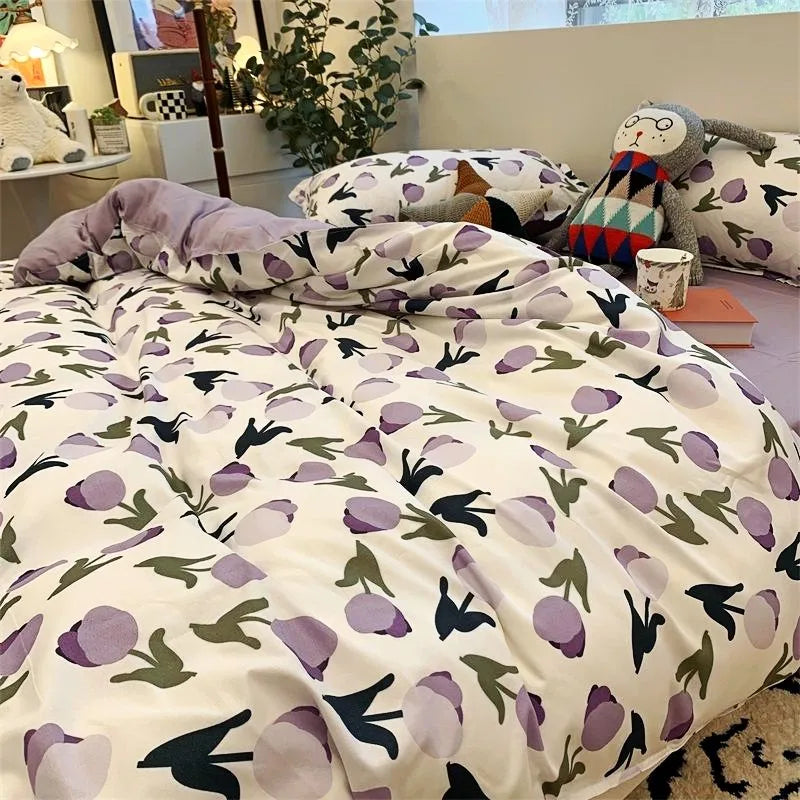 Floral Duvet Cover Set Ins Style Flat Sheet Pillowcases Single Double Size Bedding Kit No Filler Girls Boys Home Decoration