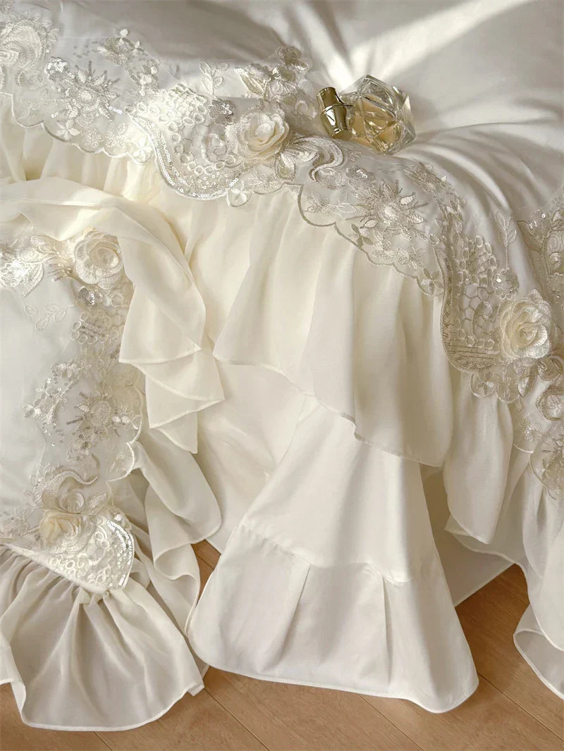 Egyptian Cotton Wedding Bedding Set, Romantic French Lace Ruffles, Flowers Embroidery, Duvet Cover, Bed Sheet, Pillowcases