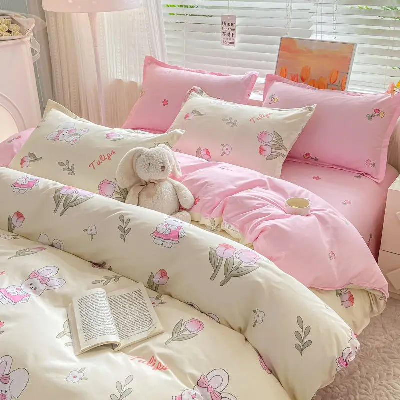 Floral Duvet Cover Set Ins Style Flat Sheet Pillowcases Single Double Size Bedding Kit No Filler Girls Boys Home Decoration