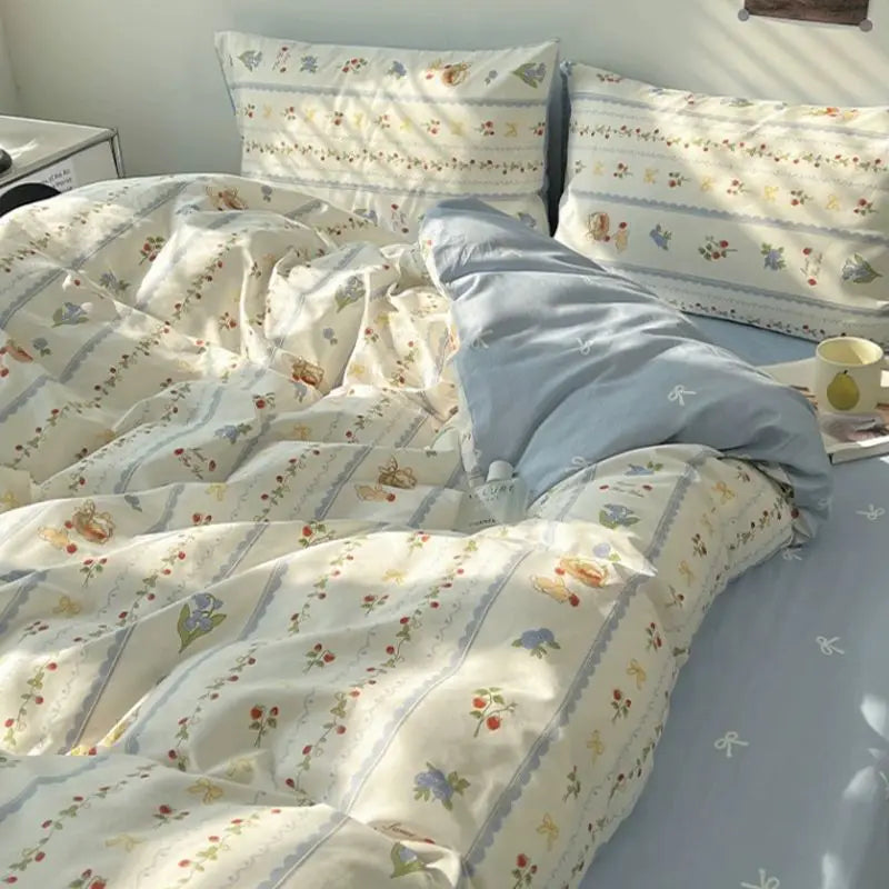 Floral Duvet Cover Set Ins Style Flat Sheet Pillowcases Single Double Size Bedding Kit No Filler Girls Boys Home Decoration