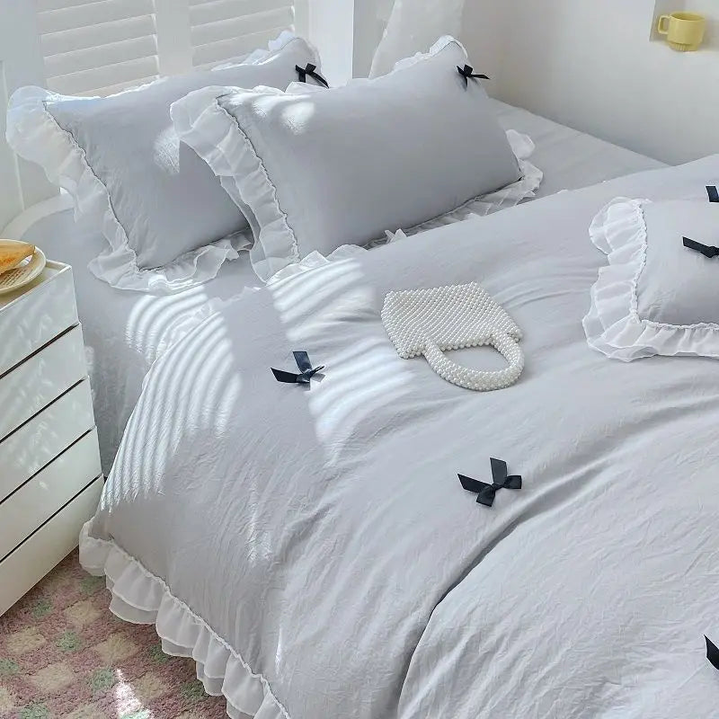 French Ins Princess Style Lace Four-piece Set Washed Cotton Embroidered Quilt Cover Set Bow Girly Heart Bed Sheet Three-piece