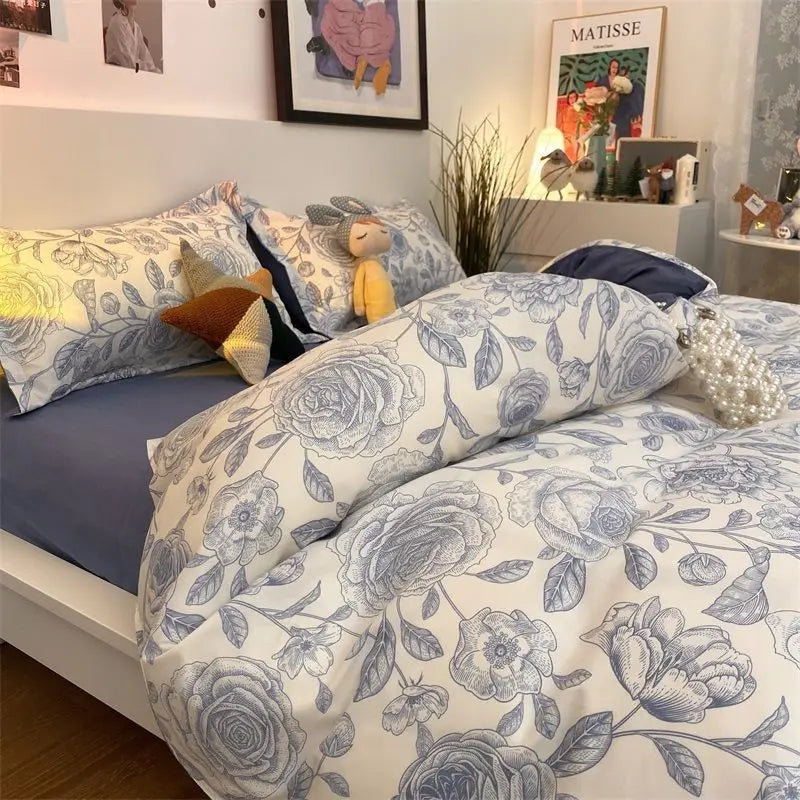 Duvet Cover Set for Boys and Girls, Cute Sweetheart, Flat Sheet, Pillowcase, Floral Bed Linen, Twin Queen Size, Home Bedding Kit