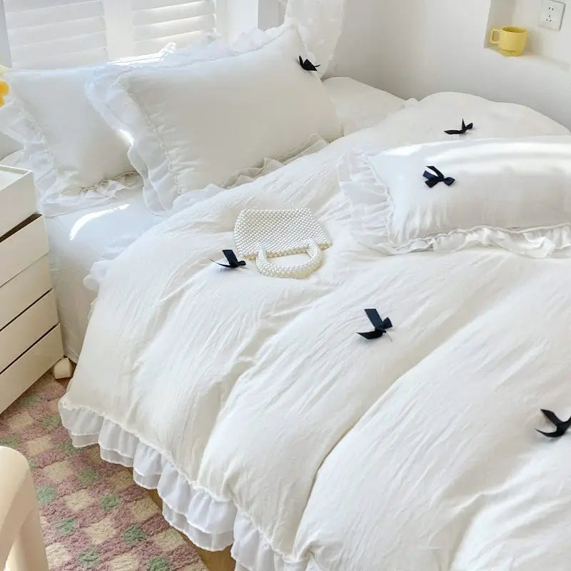 French Ins Princess Style Lace Four-piece Set Washed Cotton Embroidered Quilt Cover Set Bow Girly Heart Bed Sheet Three-piece