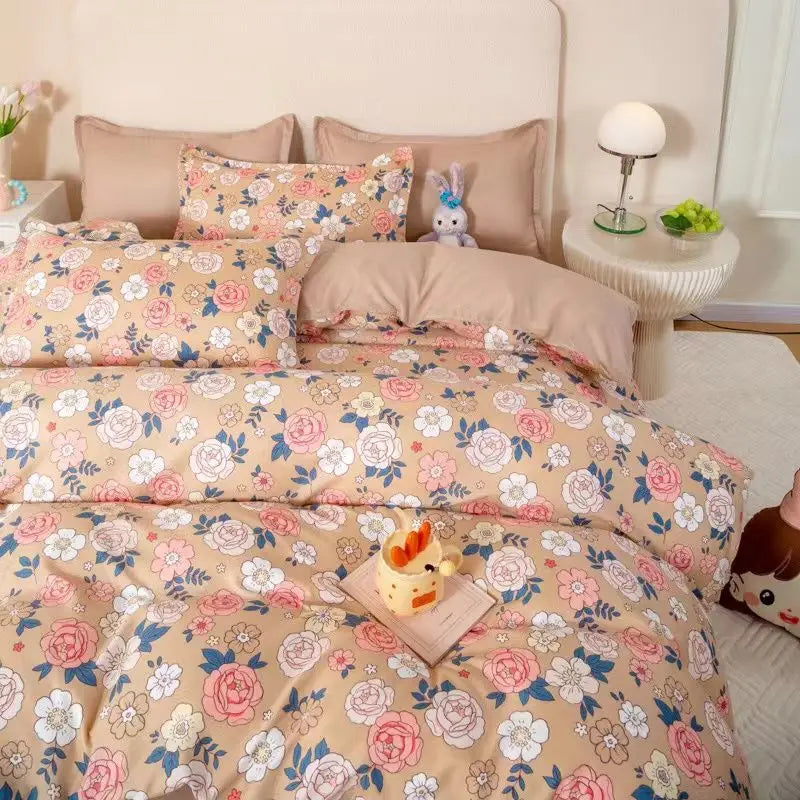 Floral Duvet Cover Set Ins Style Flat Sheet Pillowcases Single Double Size Bedding Kit No Filler Girls Boys Home Decoration