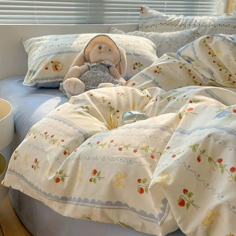 Duvet Cover Set for Boys and Girls, Cute Sweetheart, Flat Sheet, Pillowcase, Floral Bed Linen, Twin Queen Size, Home Bedding Kit