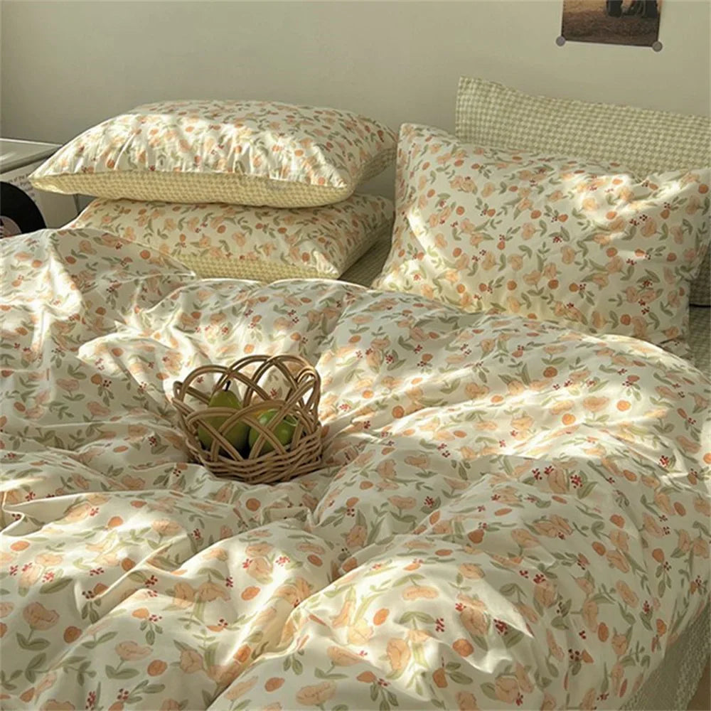 Girls Duvet Cover Pink Bow Kawaii Bedding Set Polyester Bedclothes Sheet Pillowcase Twin Full Queen Size Ins Floral Bedspread
