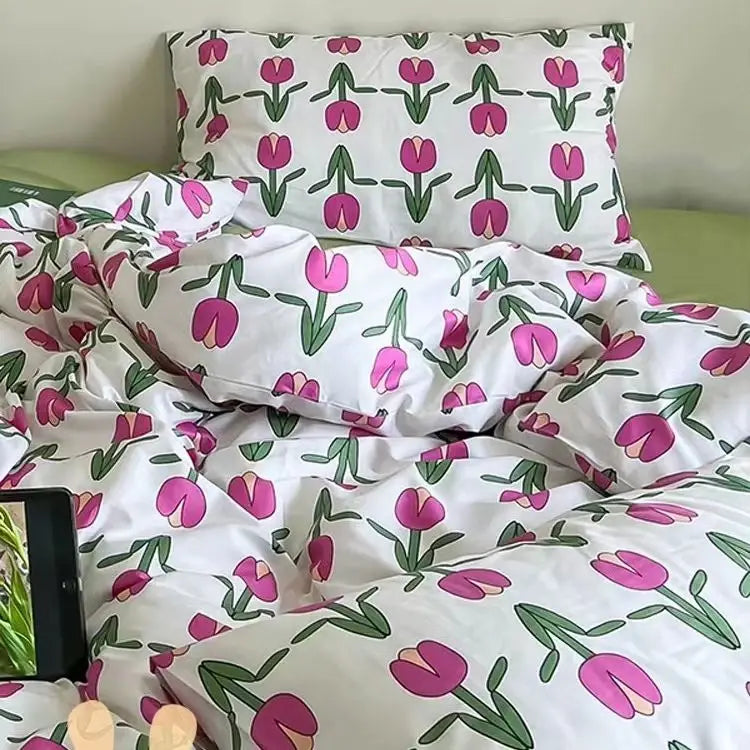 Floral Duvet Cover Set Ins Style Flat Sheet Pillowcases Single Double Size Bedding Kit No Filler Girls Boys Home Decoration