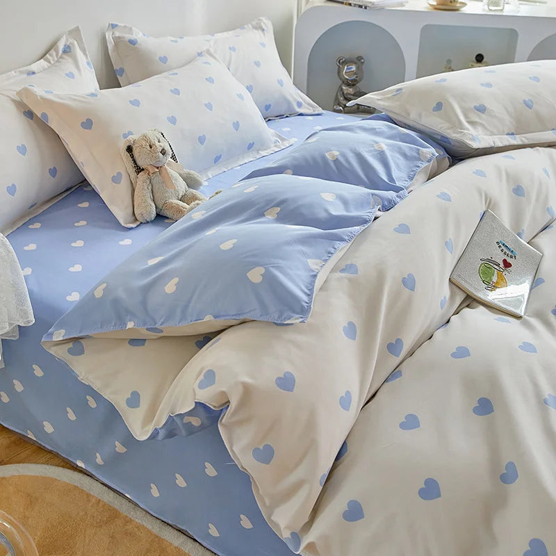 Duvet Cover Set for Boys and Girls, Cute Sweetheart, Flat Sheet, Pillowcase, Floral Bed Linen, Twin Queen Size, Home Bedding Kit