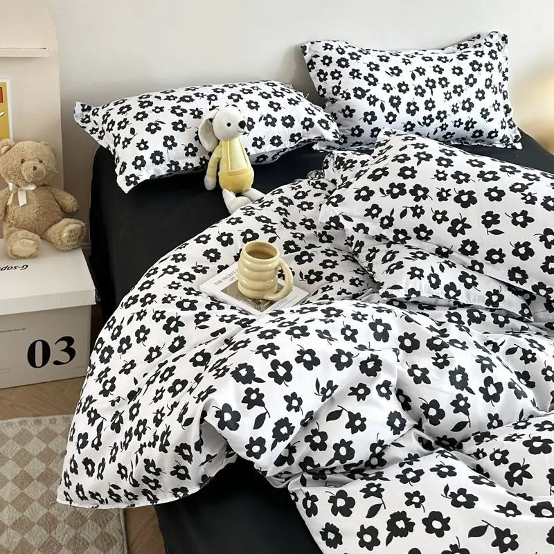 Floral Duvet Cover Set Ins Style Flat Sheet Pillowcases Single Double Size Bedding Kit No Filler Girls Boys Home Decoration
