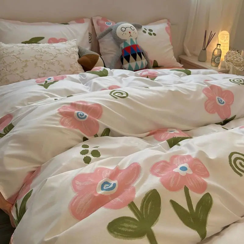 Duvet Cover Set for Boys and Girls, Cute Sweetheart, Flat Sheet, Pillowcase, Floral Bed Linen, Twin Queen Size, Home Bedding Kit
