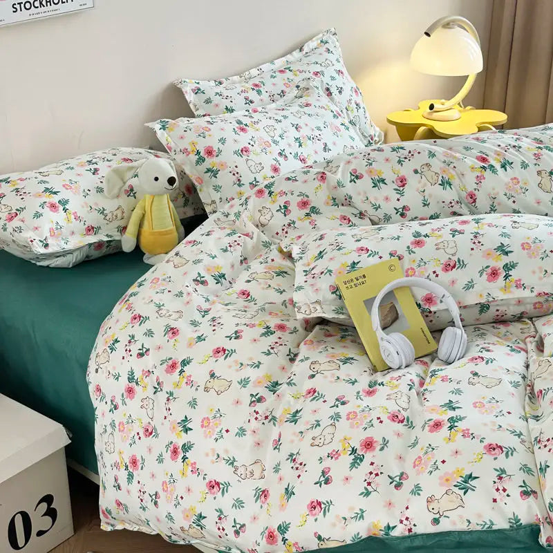 Floral Duvet Cover Set Ins Style Flat Sheet Pillowcases Single Double Size Bedding Kit No Filler Girls Boys Home Decoration