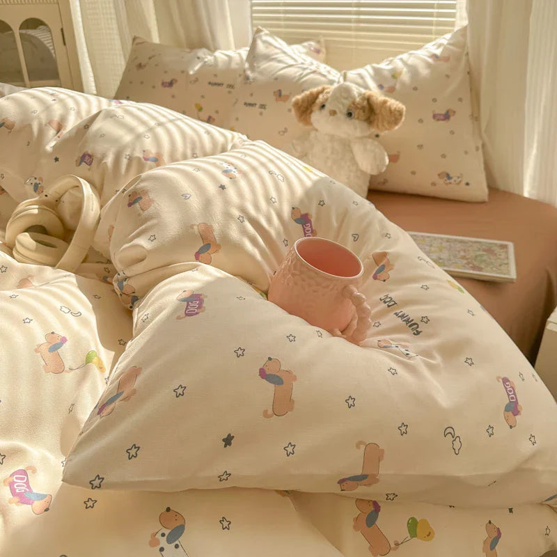 Duvet Set Double Yarn Four-piece Set Class A Aerobic Knitted Cotton Printed Love Bed Cover Skin Friendly Breathable Bedding