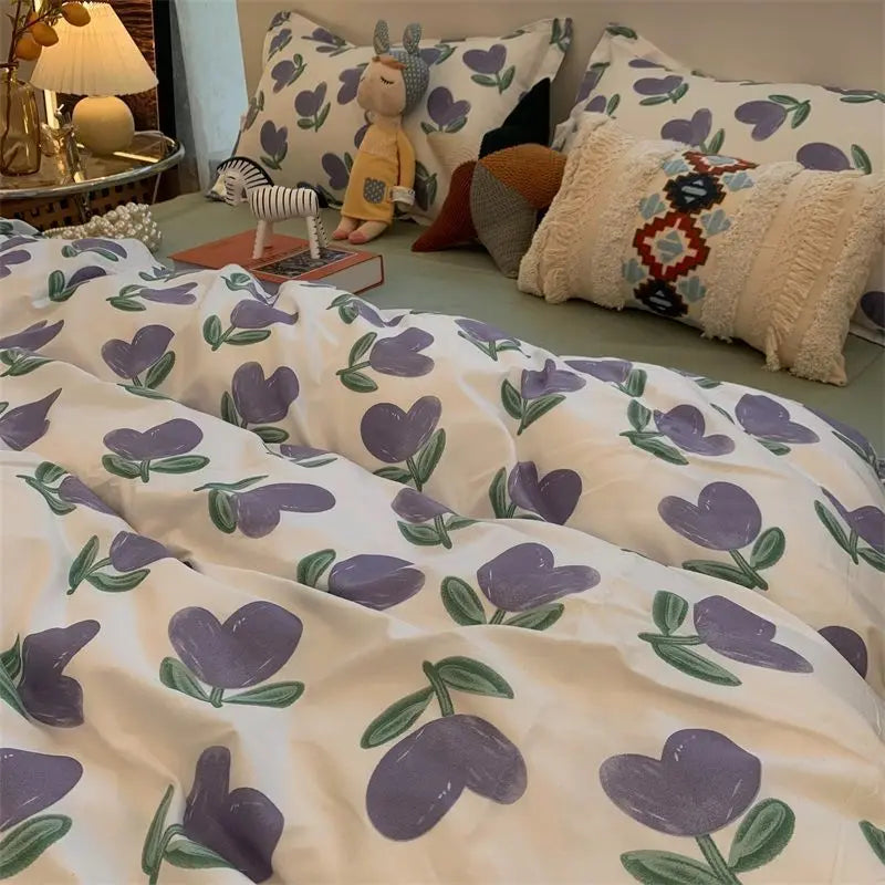 Floral Duvet Cover Set Ins Style Flat Sheet Pillowcases Single Double Size Bedding Kit No Filler Girls Boys Home Decoration