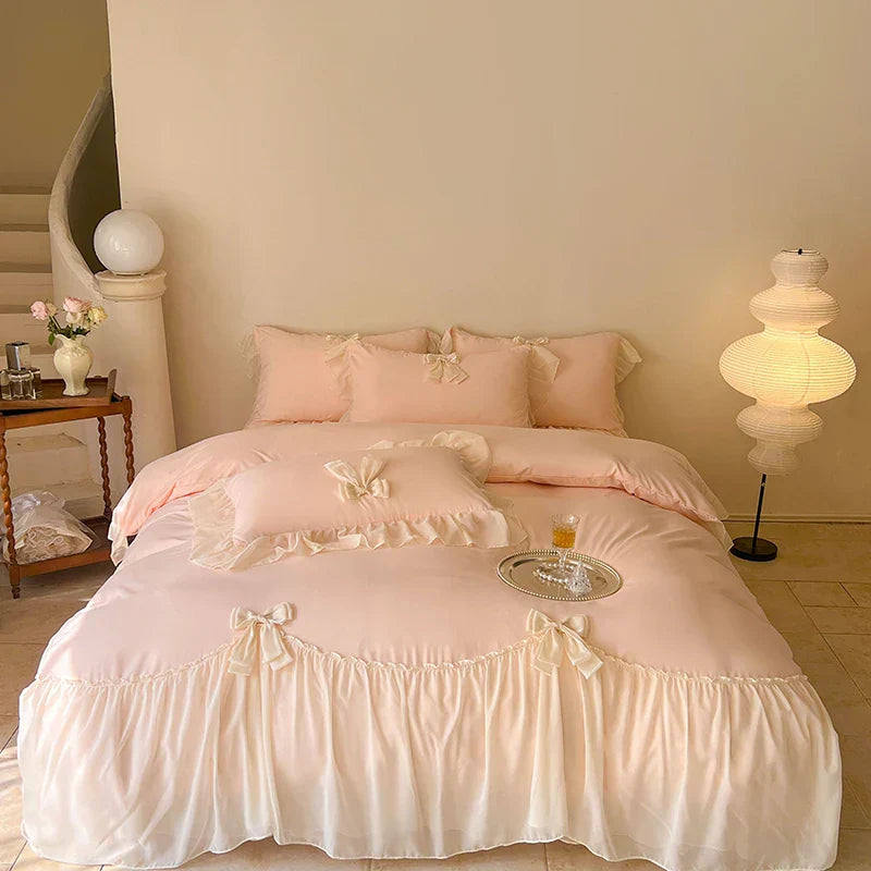 French Princess Style Bedding Sets Ruffle Lace Bow Quilt Cover Romantic Wedding Bedclothes Decor Woman Girls Bedroom Duvet Cover