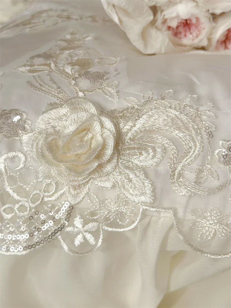 Egyptian Cotton Wedding Bedding Set, Romantic French Lace Ruffles, Flowers Embroidery, Duvet Cover, Bed Sheet, Pillowcases