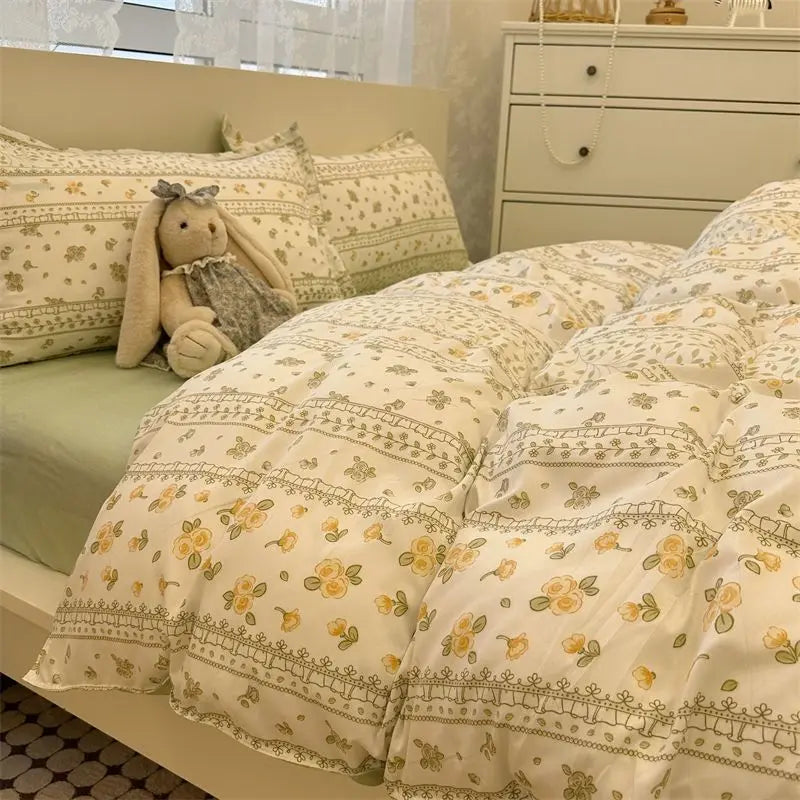 Duvet Cover Set for Boys and Girls, Cute Sweetheart, Flat Sheet, Pillowcase, Floral Bed Linen, Twin Queen Size, Home Bedding Kit