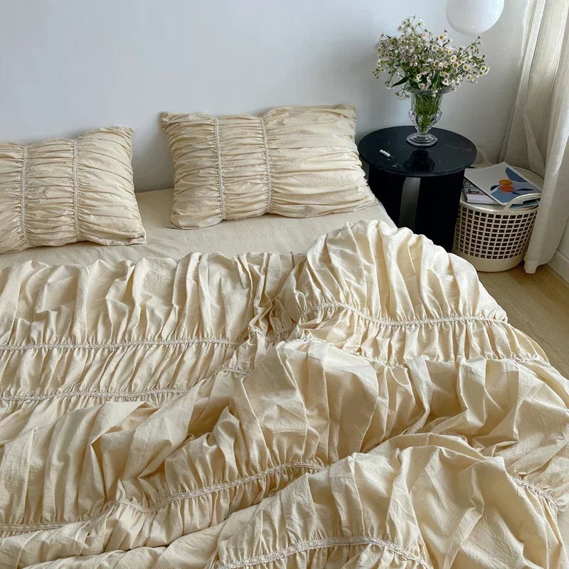 Girls Pleat Cotton Bedding Set Solid Bed Linen King Queen Double Size Duvet Cover Sets