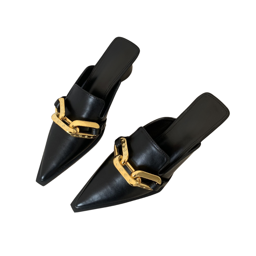 Metal Chain Pointed Toe Block Heel Sandals