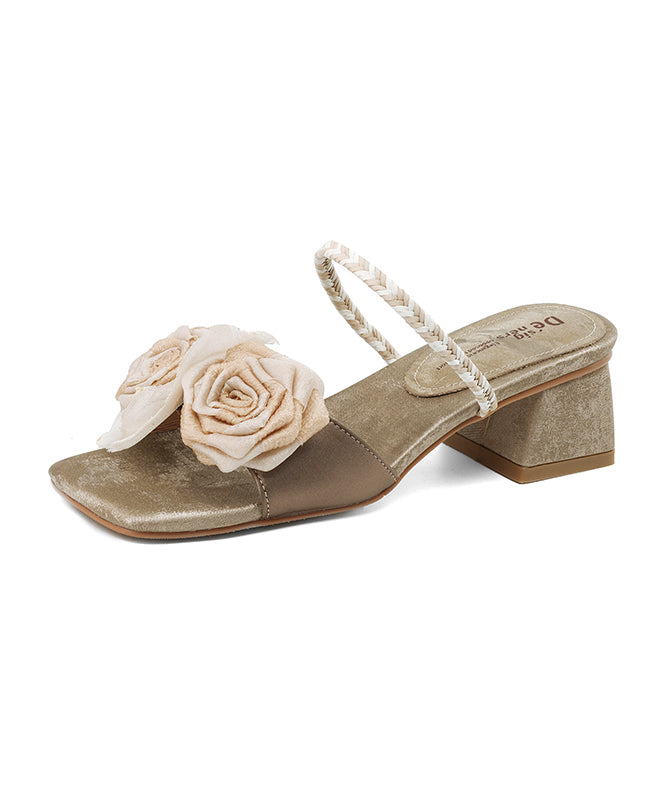 Brown Cowhide Leather Floral Splicing Chic Slide Sandals Peep Toe