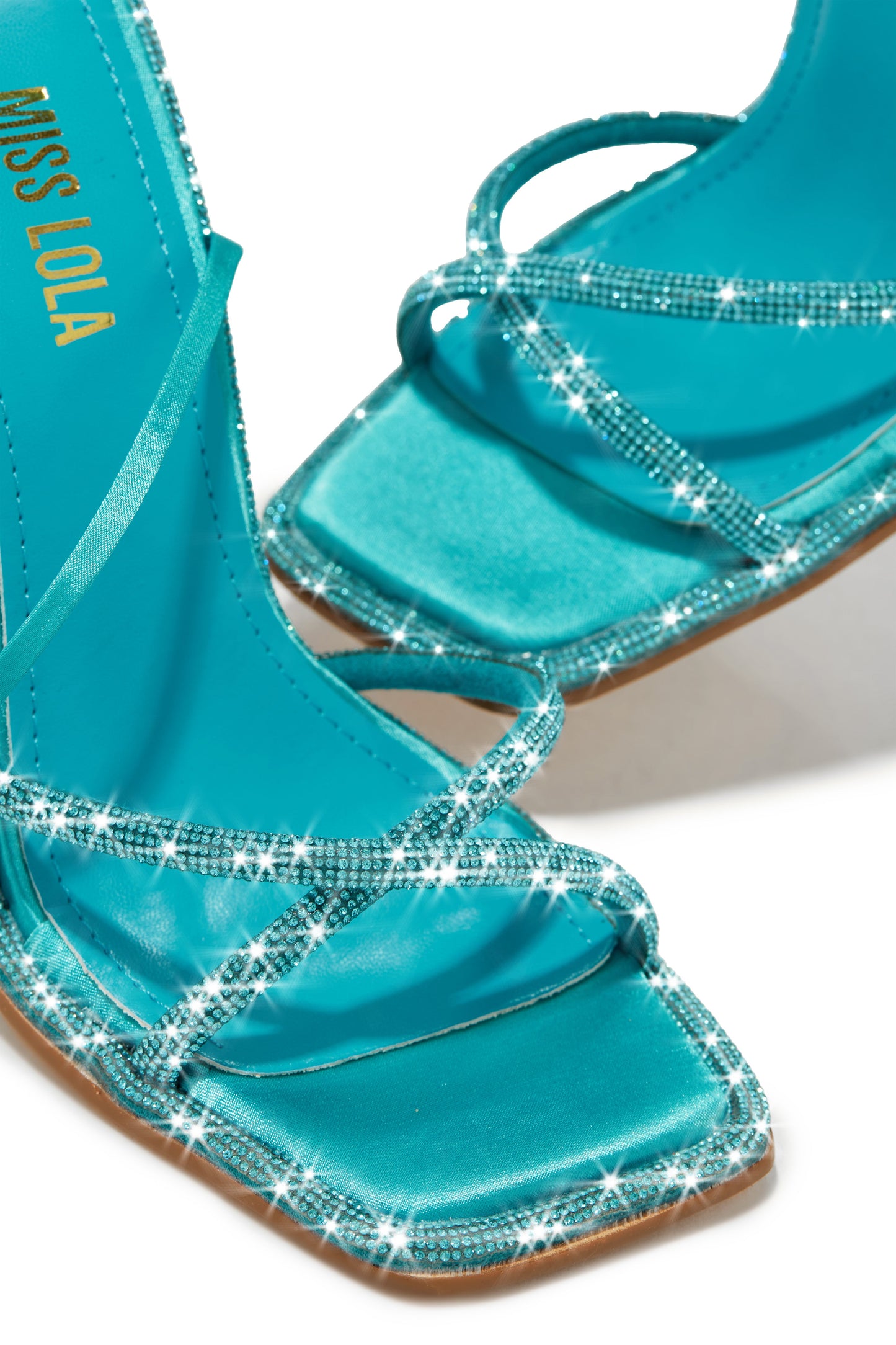 Crystal Embellished Lace Up High Heels - Aqua