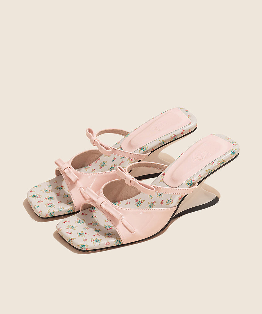 Fashion Bow Splicing Wedge Pink Faux Leather Slide Sandals Peep Toe