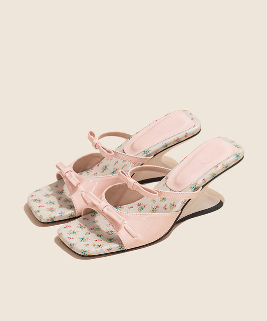 Fashion Bow Splicing Wedge Pink Faux Leather Slide Sandals Peep Toe